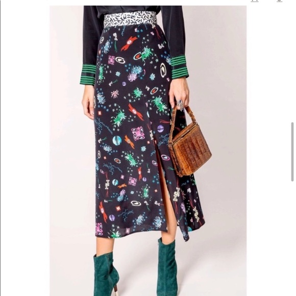 Rixo London Thaila Space Silk Midi Skirt with Thigh Slit Size M Margo Robbie - Picture 3 of 13